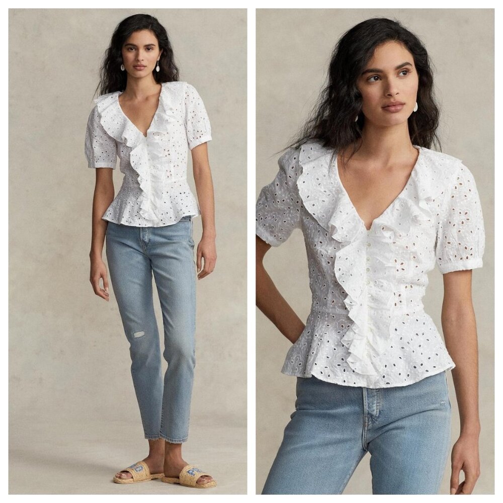 Polo Ralph Lauren Ruffled Linen Eyelet Blouse